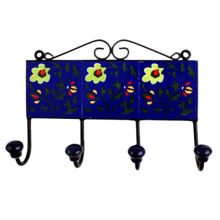 Blue Floral Ceramic Tiles Hooks-455 (Set Of Ine Piece)